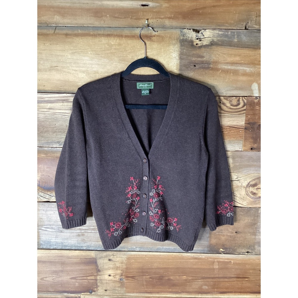 Vtg Eddie Bauer Brown Cardigan Sweater Med Flower Embroidery Peasant Knit Y2K